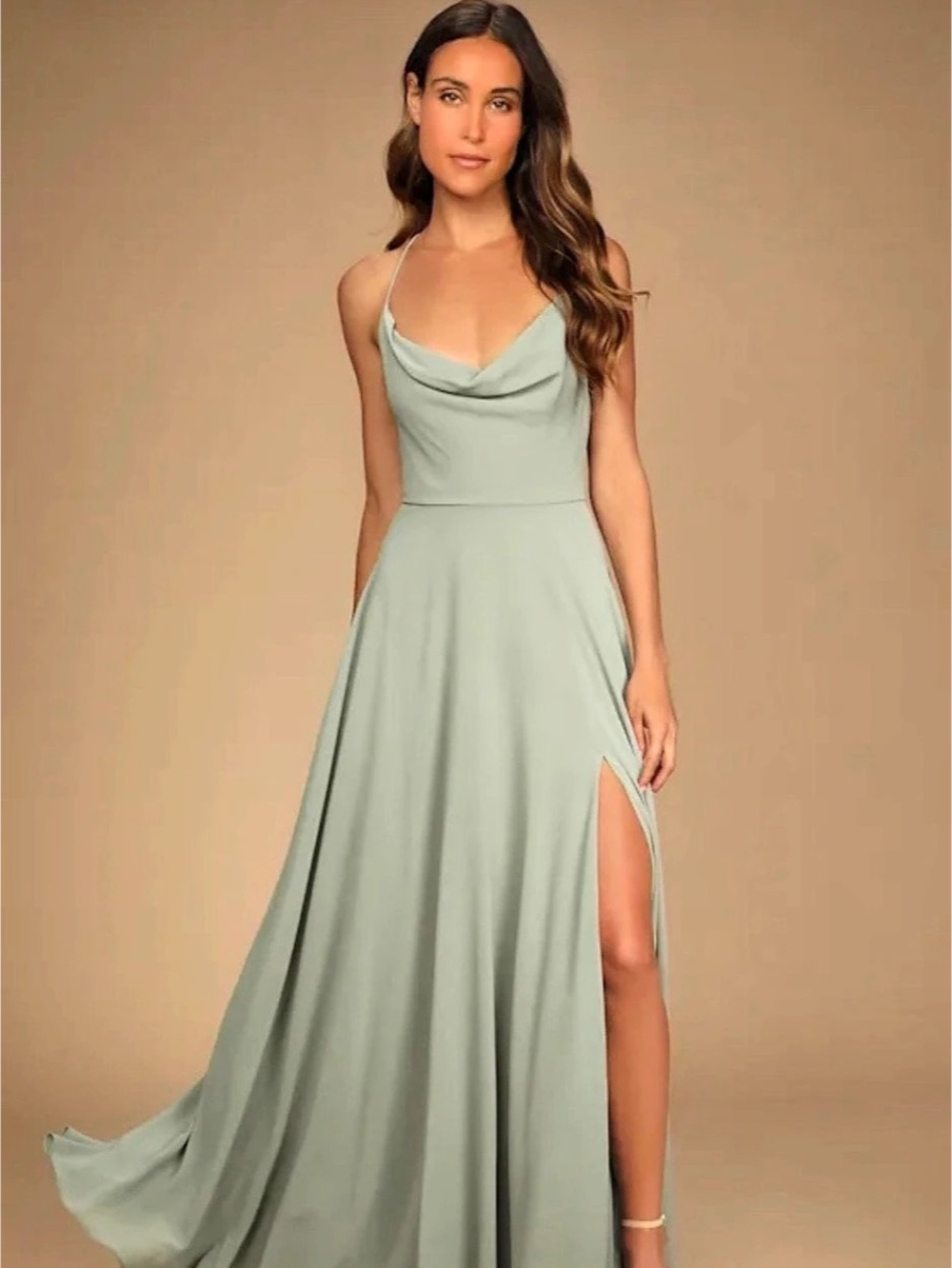 Romantically Speaking Sage Green Cowl Lace-Up Maxi Dress
